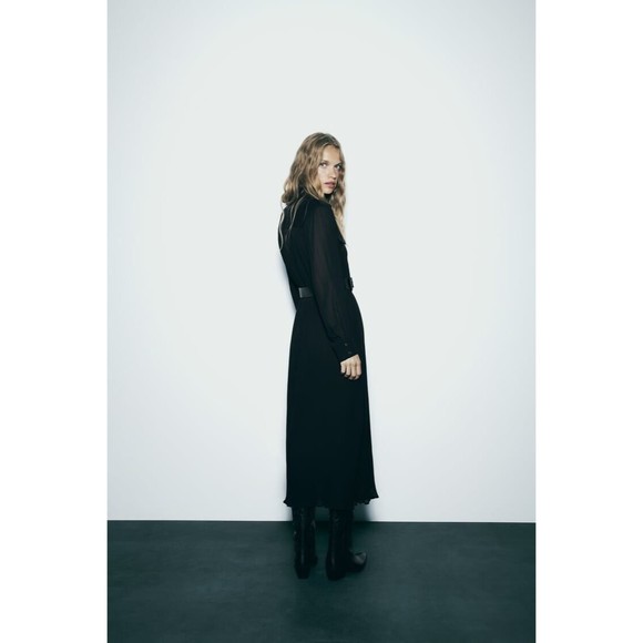 ZARA Women’s Dress Long Sleeve Black Pleated Belted Midi Dress L NEW - Picture 3 of 11
